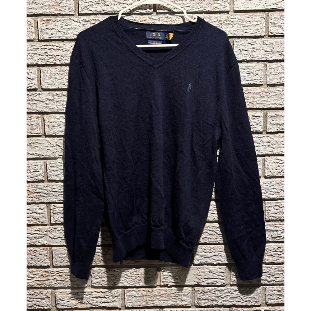 Polo Ralph Lauren Mens Navy Blue Washable Merino Wool V-Neck Sweater Slim Fit L